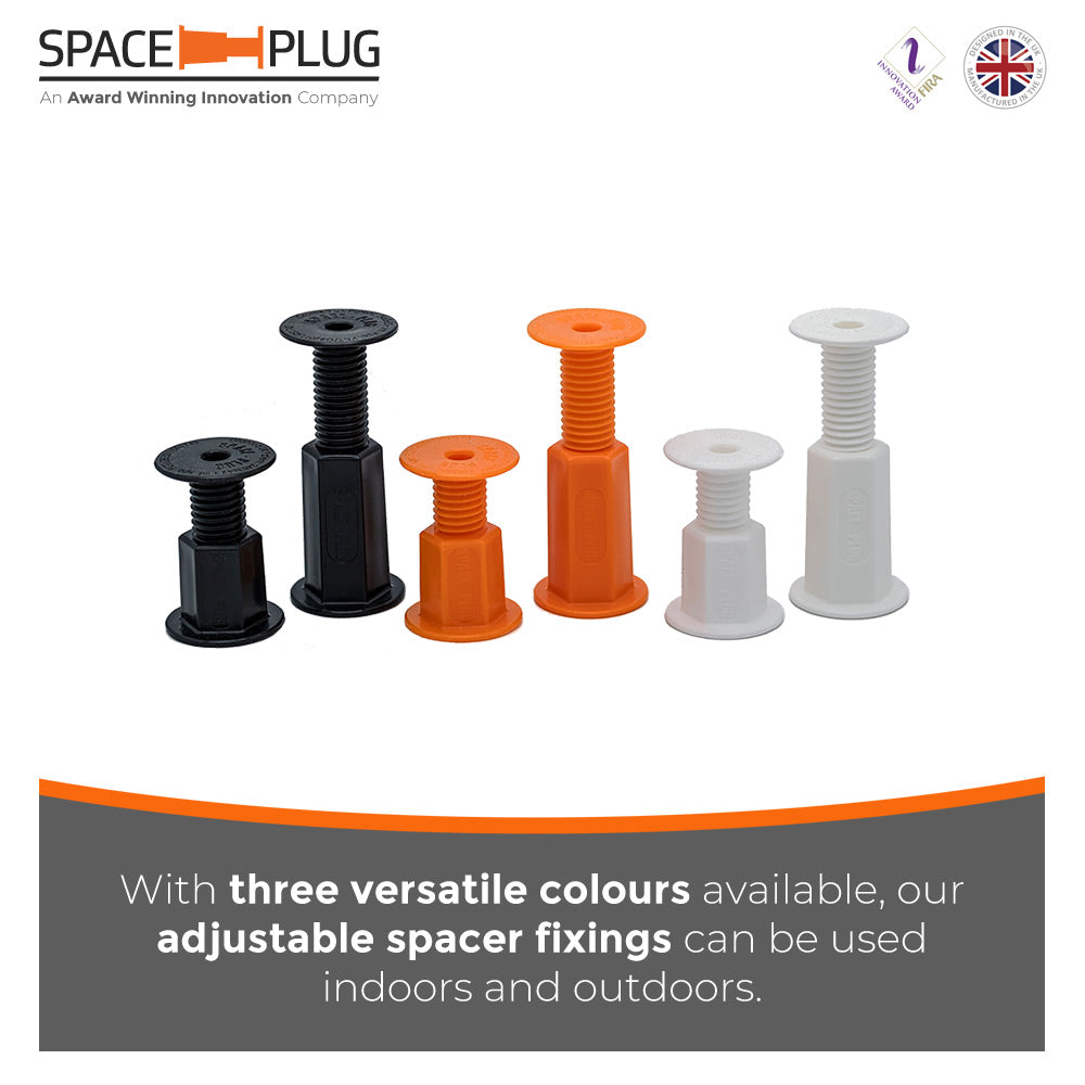 With three versatile colours available, our adjustable spacer fixings can be used indoors and outdoors.