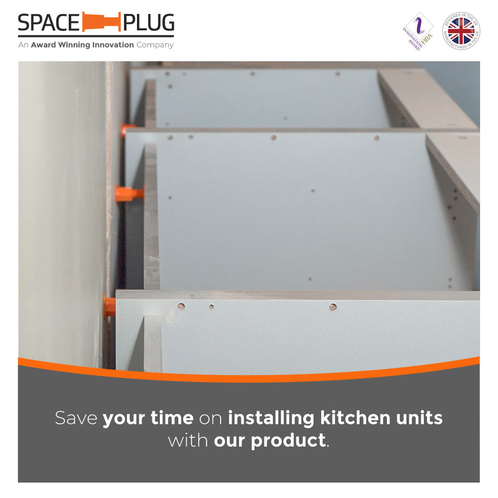 A row of kitchen cabinets installed with Space-Plug's - Save your time on installing kitchen units with our product.