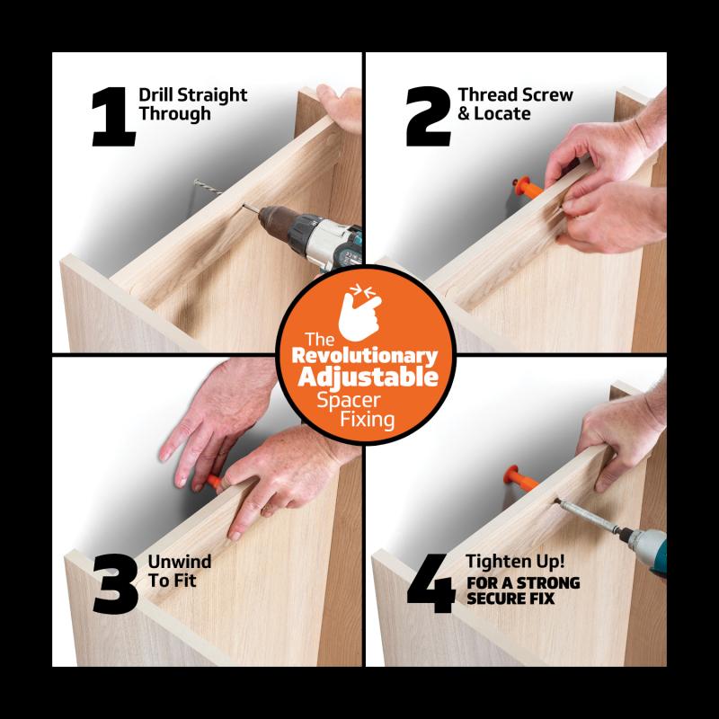 How It Works - 1 Drill Straight Through, 2 Thread Screw & Locate, 3 Unwind To Fit, 4 Tighten Up! For A Strong Secure Fix - The Revolutionary Adjustable Spacer Fixing