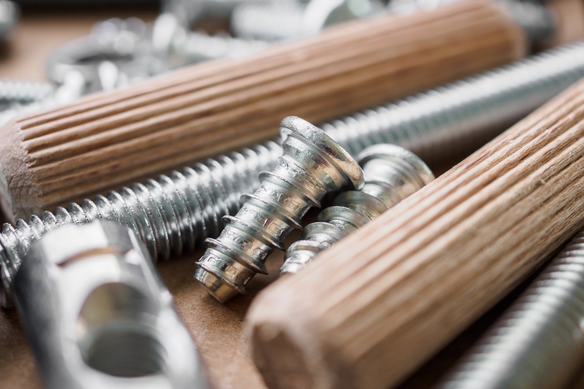 Close up photograph of a selection of furniture fixings
