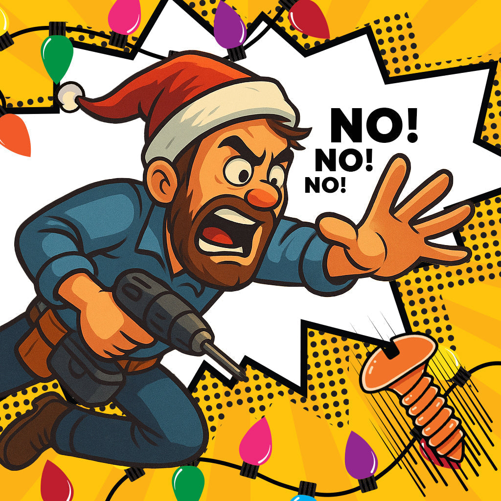 Cartoon character Kitchen Fitter with a Santa hat and drill reacting to dropping a screw, with 'NO! NO! NO!' text.