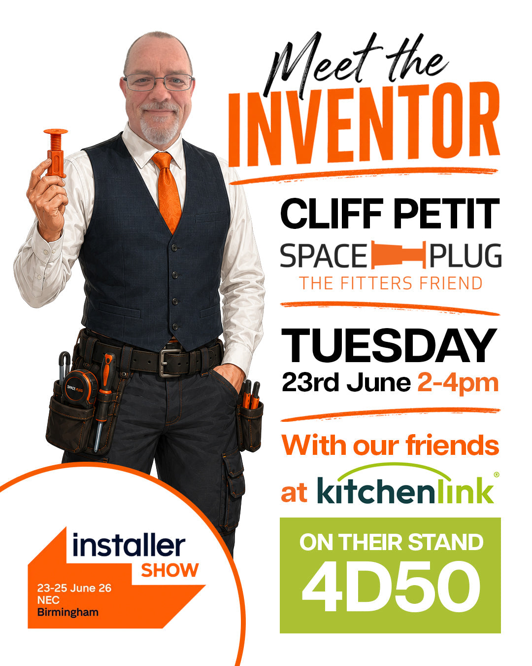 Meet the Inventor event with Space-Plug inventor Cliff Petit at InstallerSHOW 2026 hosted with KitchenLink on stand 4D50.