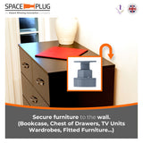 Secure furniture to the wall. Bookcases, Chest of Drawers, TVUnits, Wardrobes, Fitted Furniture - Space-Plug Mini Adjustable Spacer Fixing. 