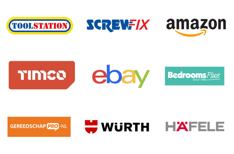 Image Showing Logo's of Retailers - ToolStation, ScrewFix, Amazon, TIMCO, ehay, BedroomsPlus, Gereedschap Pro, Wurth, Hafele