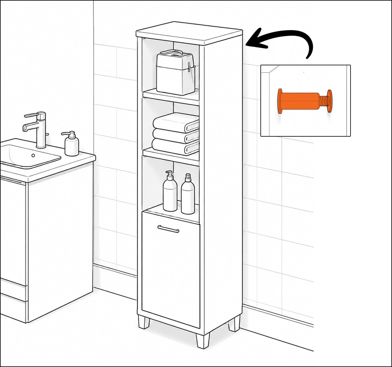 Line illustration of a tall bathroom storage cabinet positioned against a tiled wall beside a sink