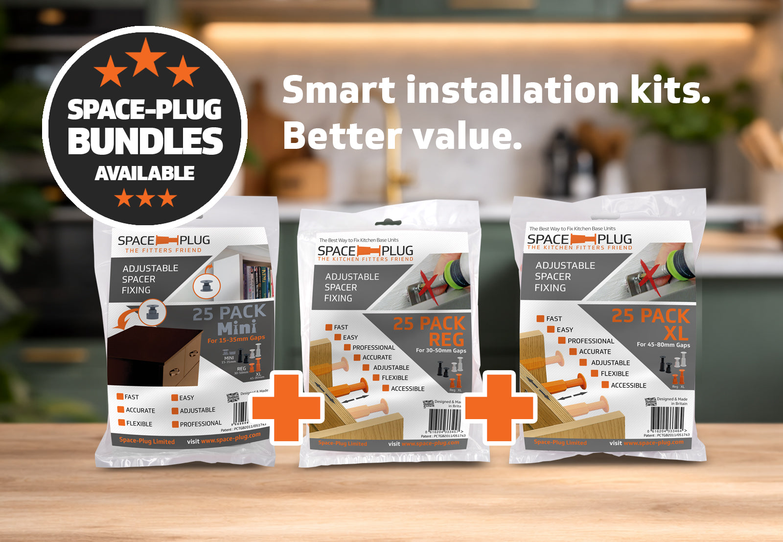 Space Plug adjustable spacer fixing packages on a wooden surface with a blurred kitchen background.