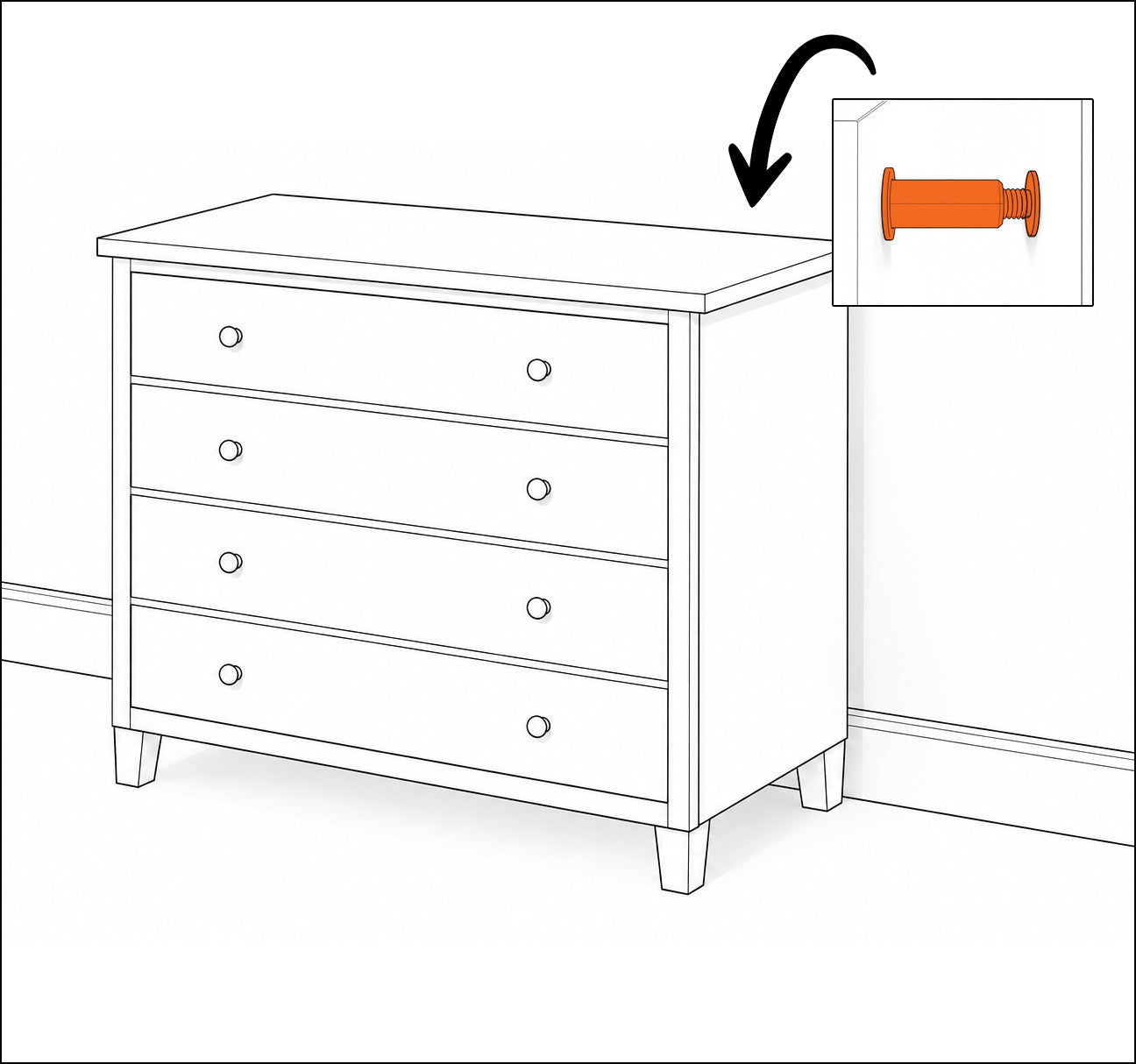 Line illustration of a dresser positioned against a wall with a baseboard behind