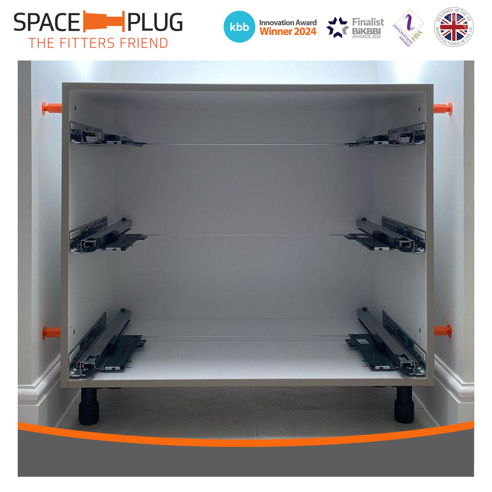 Base Cabinet of wardrobe spaced and secured by 4 Space-Plugs.