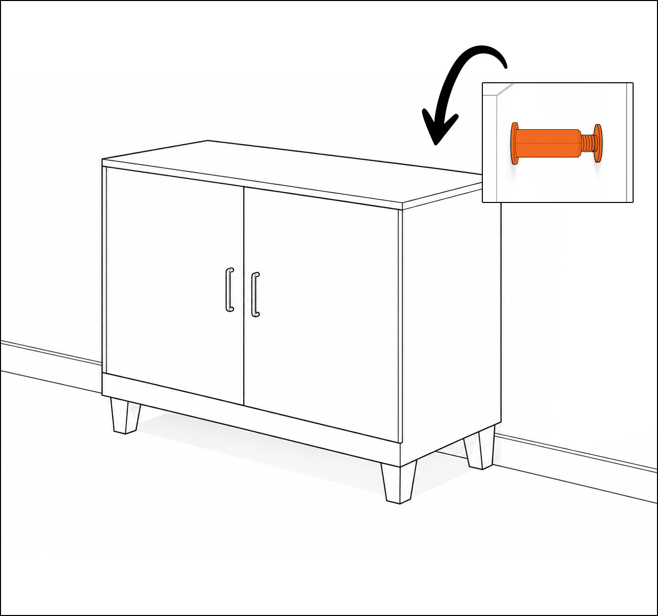 Illustration of furniture wall anchoring using an adjustable spacer fixing between furniture and the wall