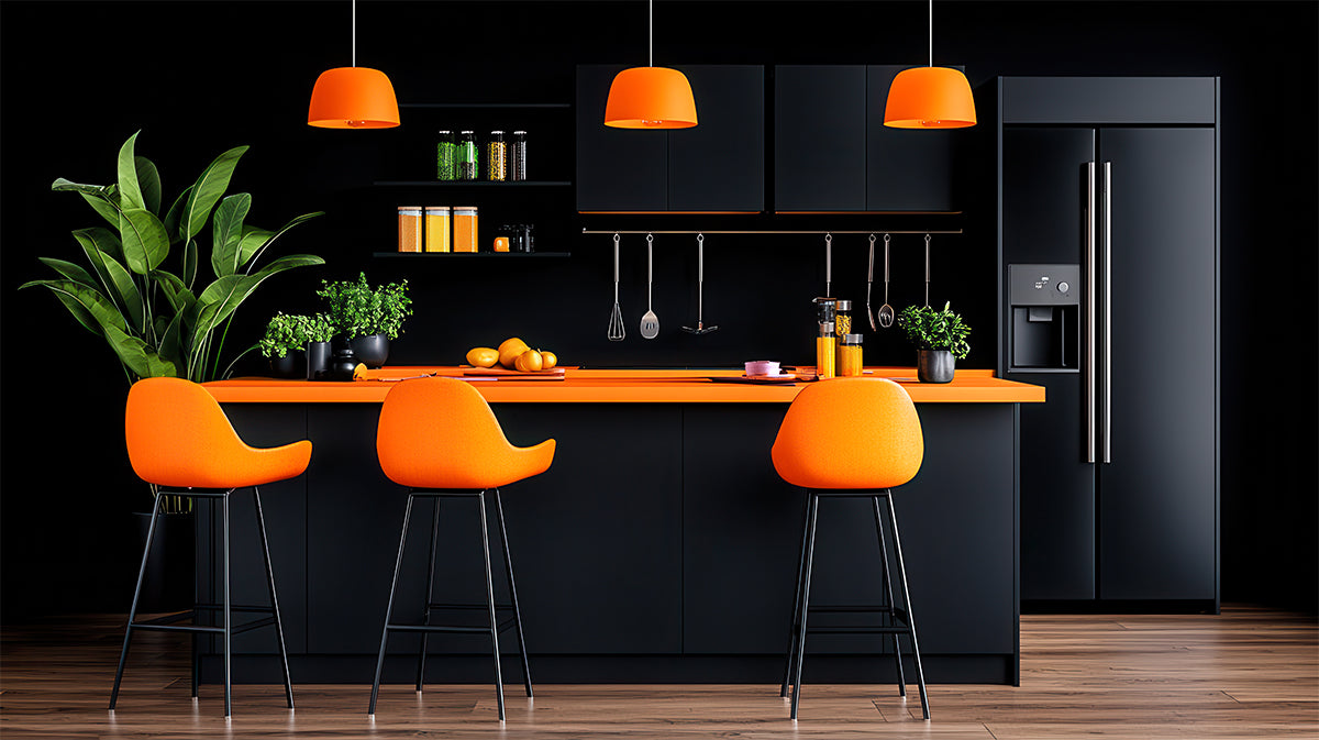 Modern kitchen with black cabinets, orange stools, and a black refrigerator.