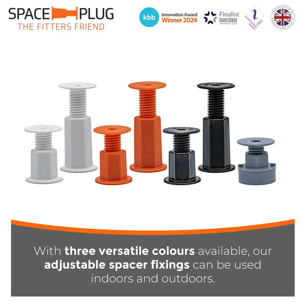 Space-Plug Family of Adjustable Spacer Fixings - Regular & XL in white, orange and black. Mini in grey