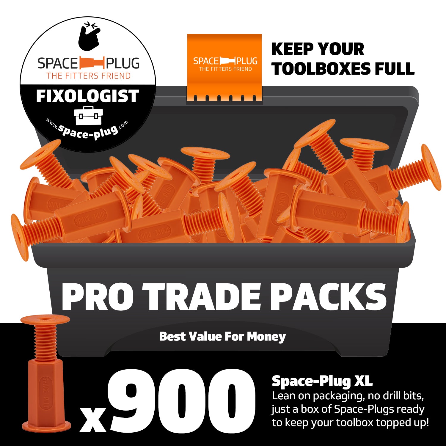 900 XL Pro Trade Pack - Best Value For Money. Lean on packaging, no drill bits, just a box of Space-Plugs ready to keep your too!box topped up!