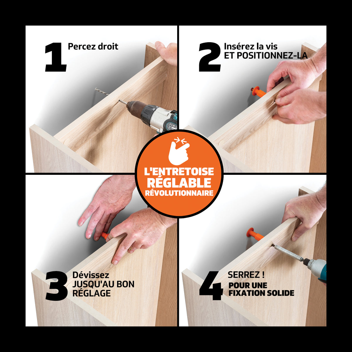 Guide d'installation en 4 étapes montrant comment installer une entretoise de fixation réglable Space-Plug sur un meuble de cuisine.