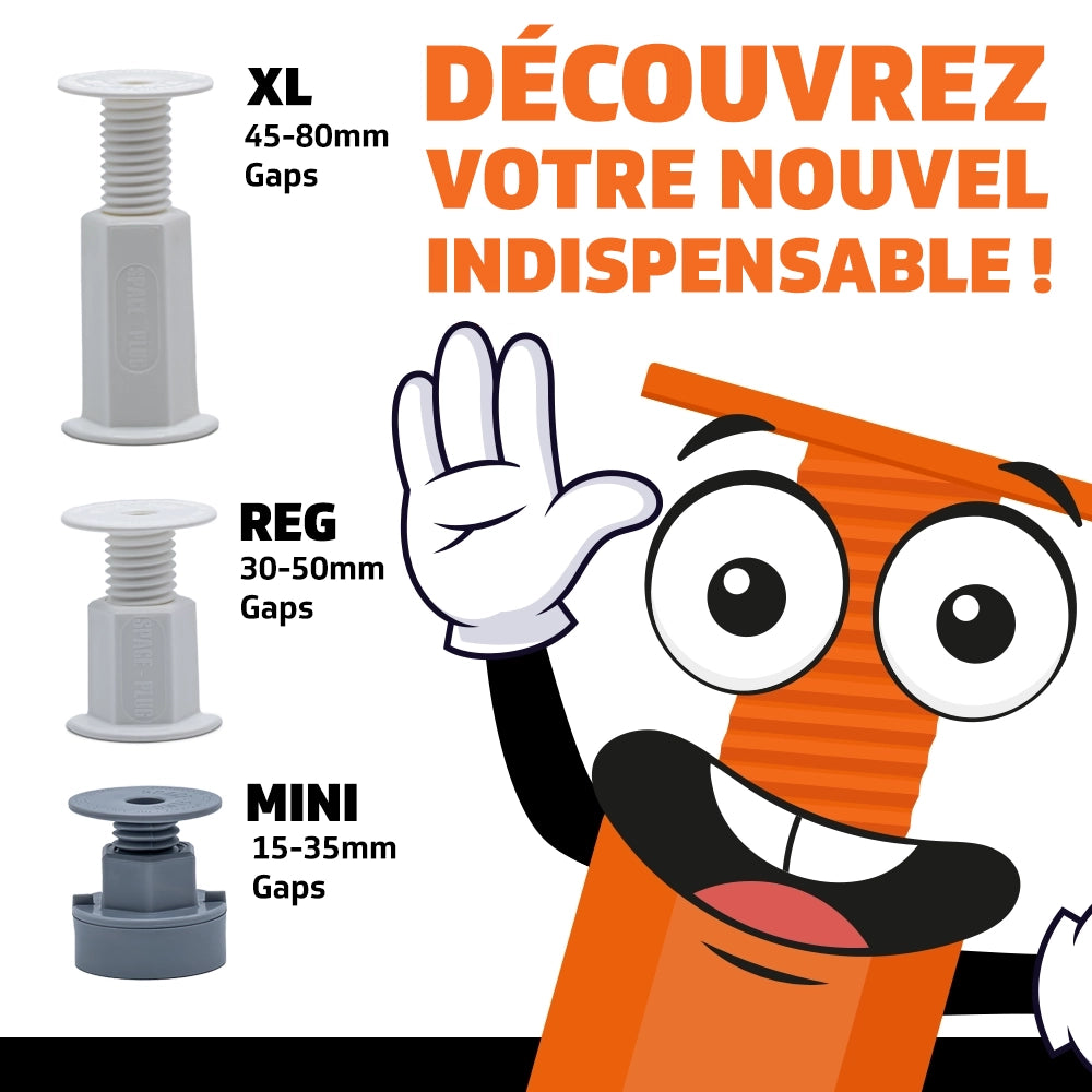 Fixations réglables Space-Plug Mini, Regular et XL pour meubles de cuisine, couvrant des espaces de 15 à 80 mm.