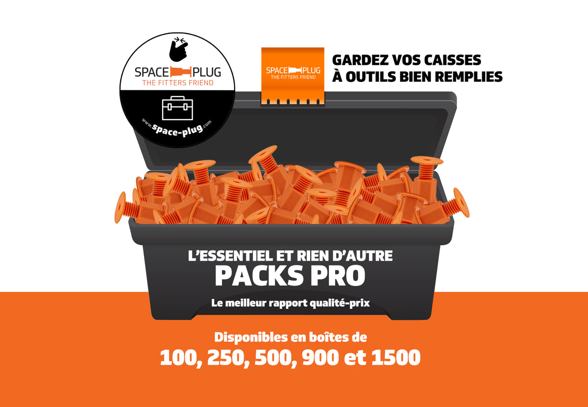 Packs professionnels Space-Plug disponibles en boîtes de 100, 250, 500, 900 et 1 500 pièces.