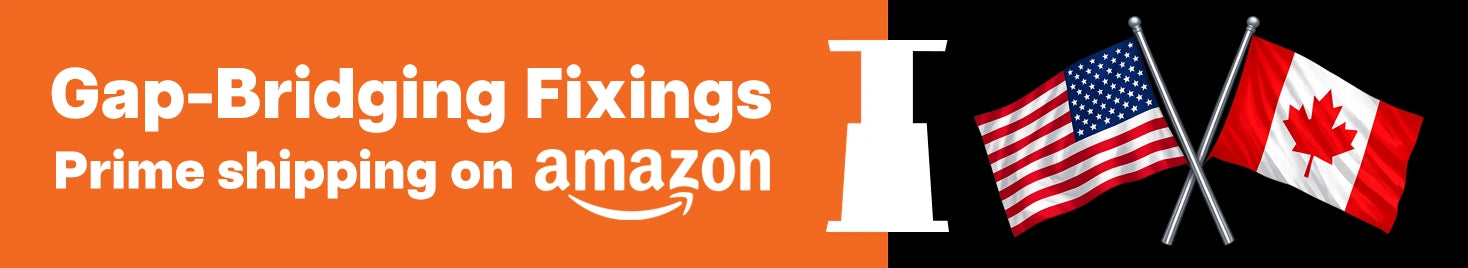 Promotional banner with the text 'Gap-Bridging Fixings' and 'Prime shipping on amazon' on an orange background, alongside a white shipping box icon and crossed American and Canadian flags on a black background.