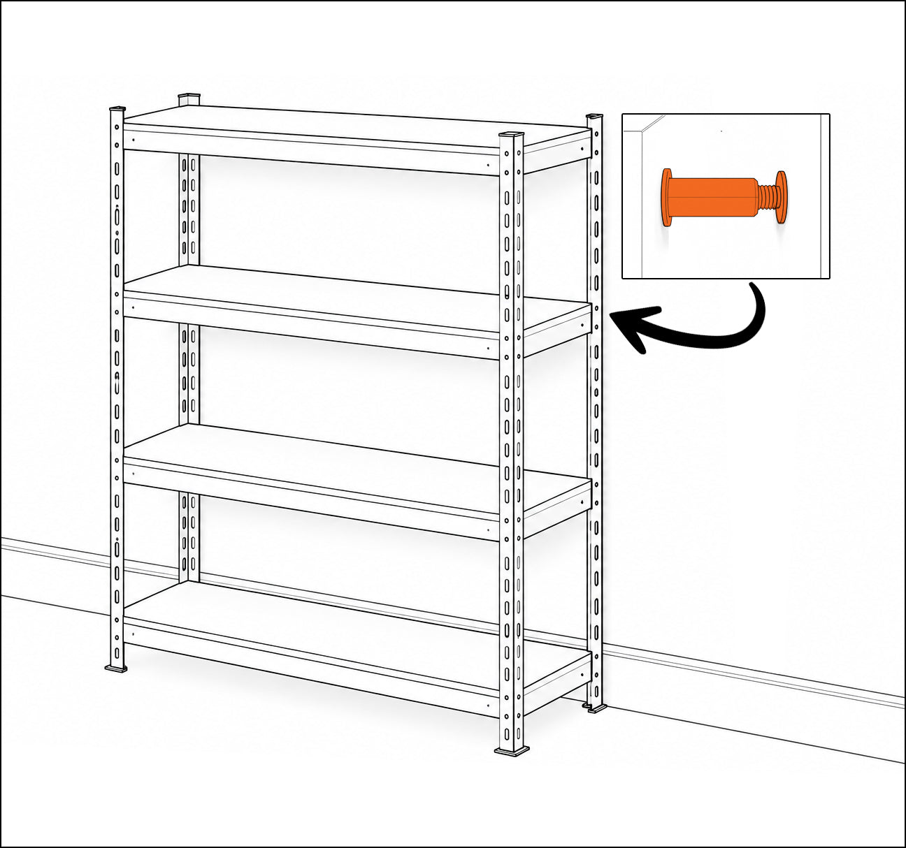 Line illustration of freestanding storage racking positioned against a wall with a baseboard behind