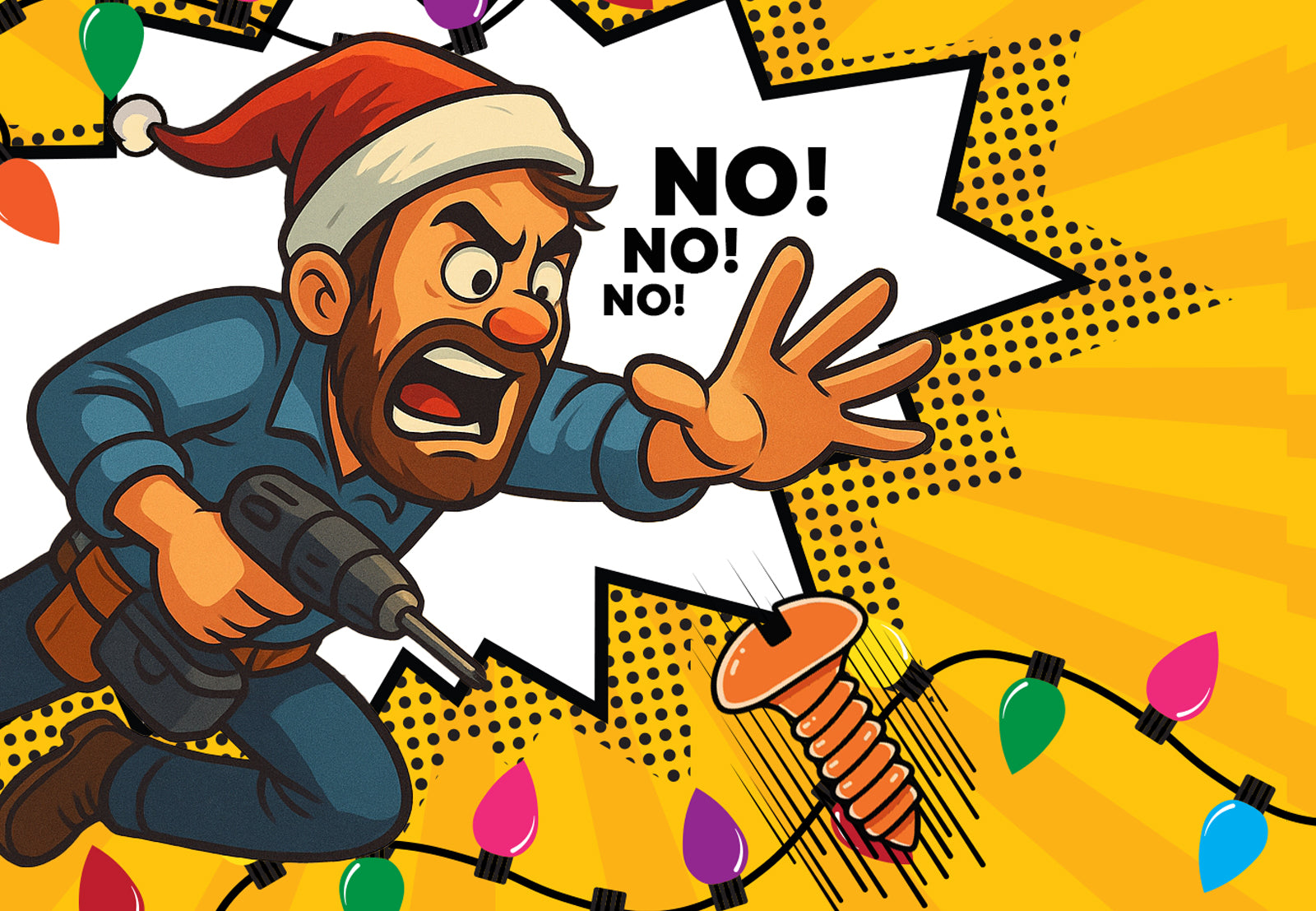Cartoon character Kitchen Fitter with a Santa hat and drill reacting to dropping a screw, with 'NO! NO! NO!' text.